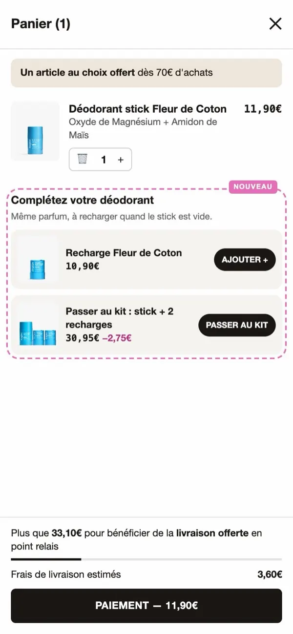 Après : le panier propose la recharge Fleur de Coton et le passage au kit stick + 2 recharges