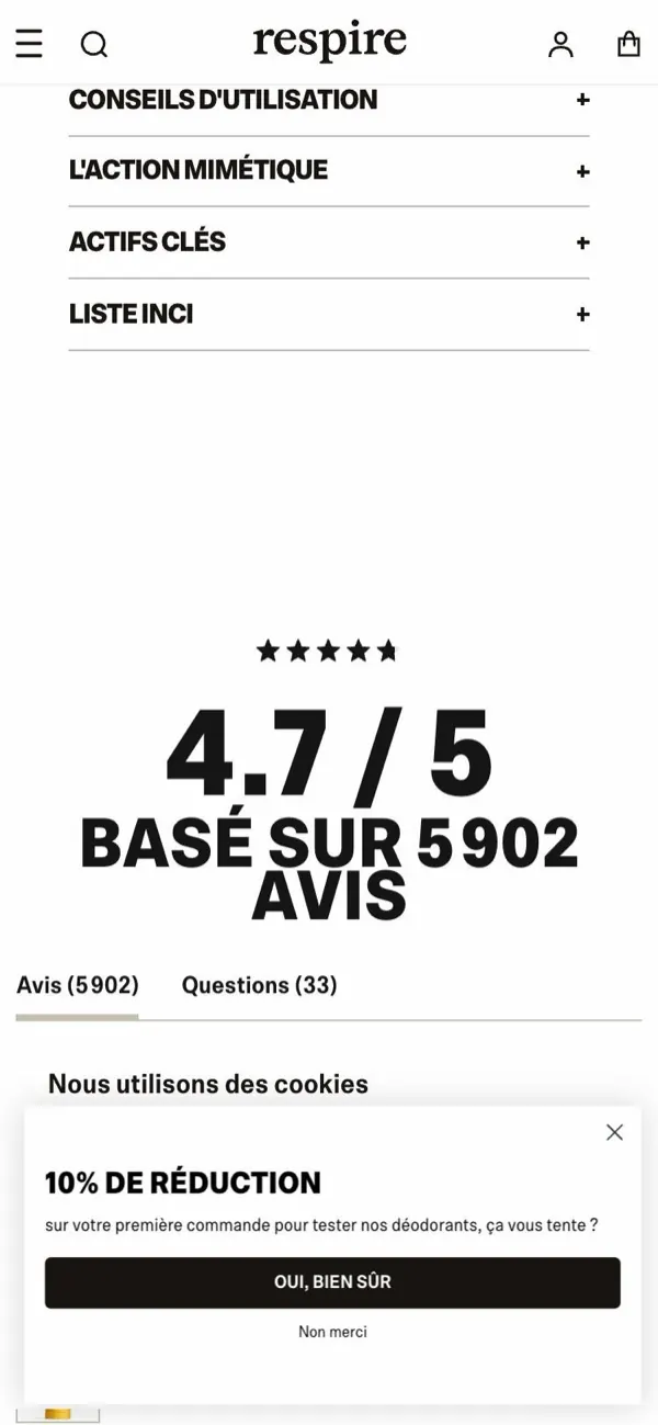 Pop-up 10 % de réduction et bandeau cookies superposés sur la section des avis